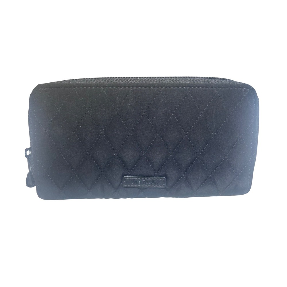 Vera Bradley Black Quilted Microfiber Zip Around Wallet Floral‎ Interior Rose
